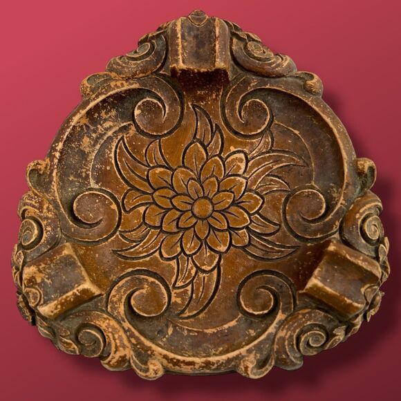 Antique Art Nouveau Floral Wood Glass Ashtray Hand Carved Cottagecore Boho - Picture 2 of 7